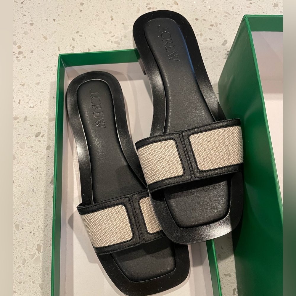 J. Crew Black and Tan Slide Sandals